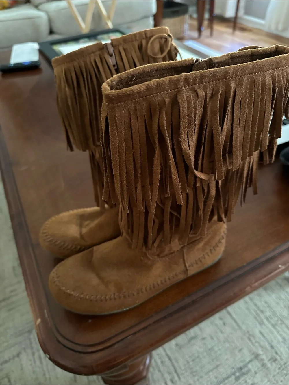 Kids Fringe Suede Boots in Brown